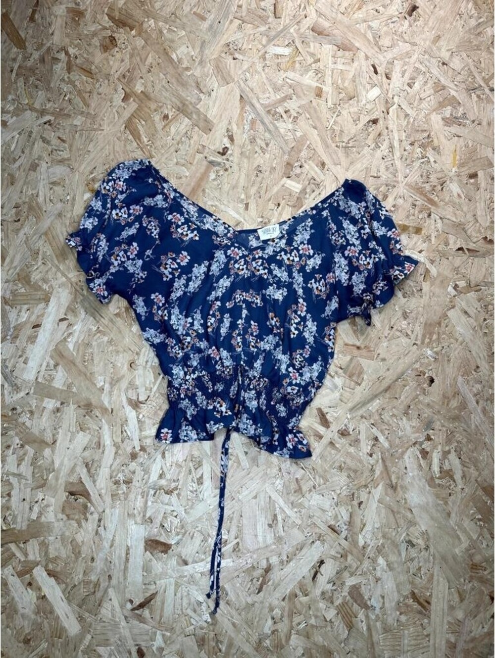 Sienna Sky Floral Crop Top Womens Medium Blue Smocked Waist Off Shoulder Blouse
